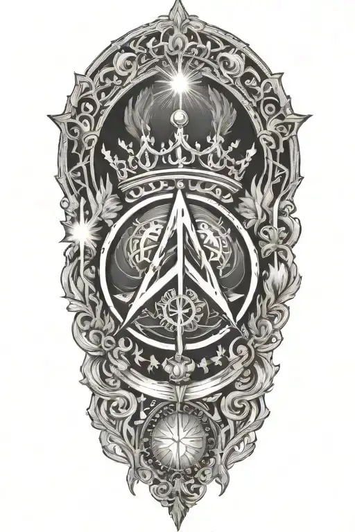 alchemy, peace, lightning, crown tattoo design idea