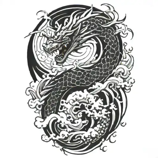Japan yin yang dragon surrounded clouds waves tattoo design idea