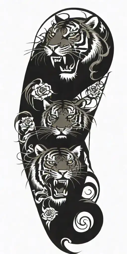 tiger and tiger claws and waves and thorns tattoo design idea