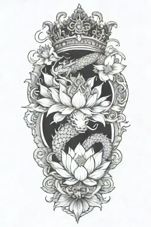 crown with lotus flowers and dragon tattoo design idea