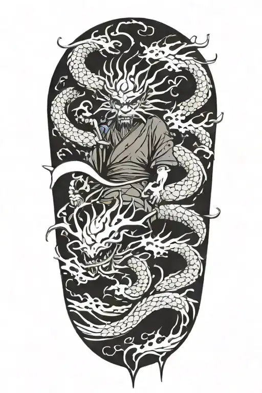 sea and samurai and dragon tattoo design idea
