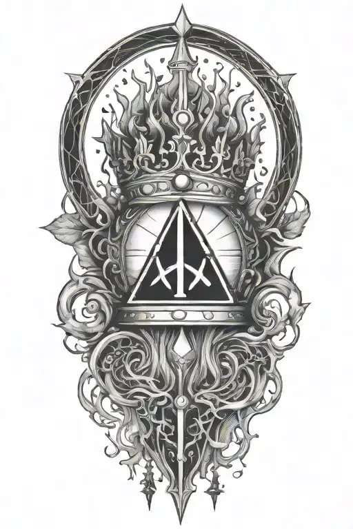 alchemy, peace, thunder, crown hanging tattoo design idea
