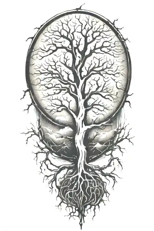 alchemy, peace, thunder bolts / tree tattoo design idea