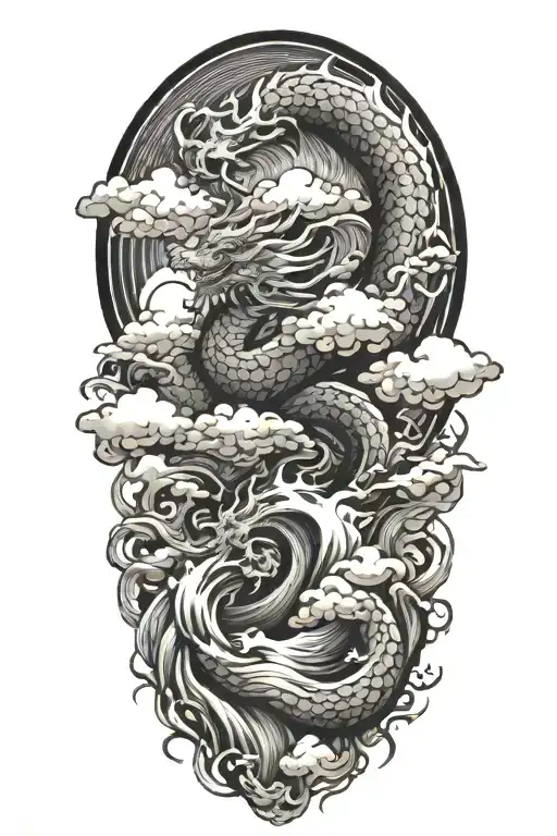 clouds and waves and peace and lighting and dragon tattoo design idea