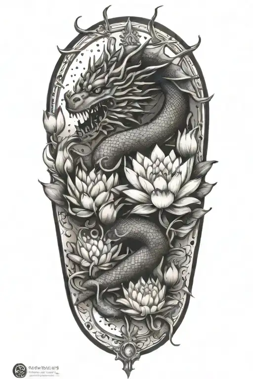 crown, lotus flowers, dragon, alchemy tattoo design idea