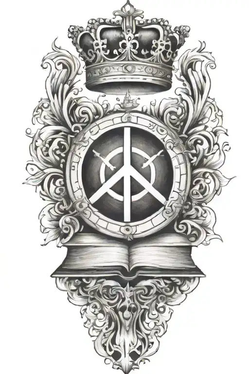alchemy, peace, book, crown tattoo design idea