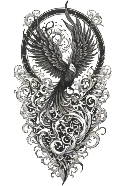 alchemy, chaos, splash pheonix in japanese tattoo design idea