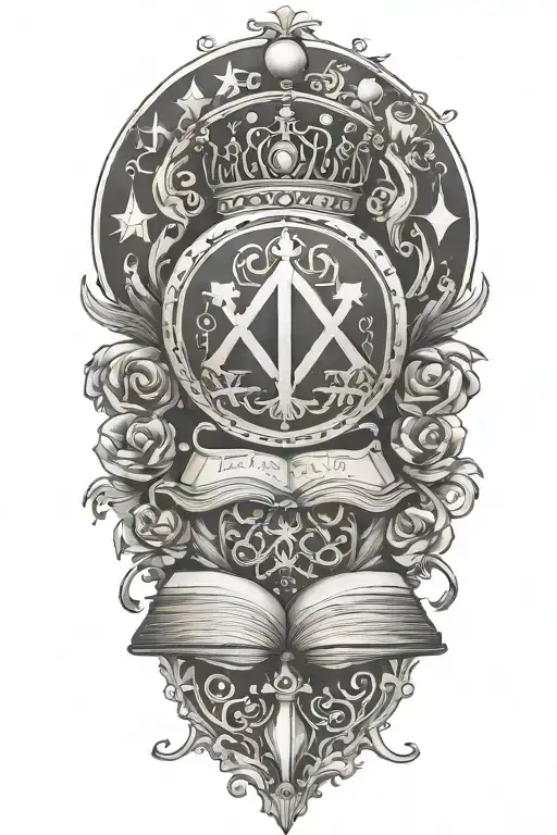 alchemy, peace, book, king crown tattoo design idea