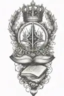 alchemy, peace, magic, crown holding book tattoo design idea