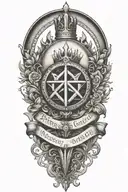 alchemy, peace, book, king crown tattoo design idea