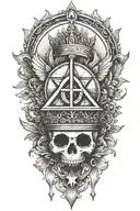 alchemy, peace, book, crown tattoo design idea