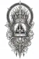 alchemy, peace, thunder, crown hanging tattoo design idea