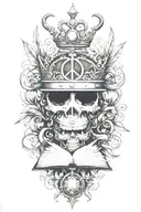 alchemy, peace, magic, crown, book, weapons tattoo design idea