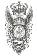 alchemy, peace, magic, crown, book, weapons tattoo design idea