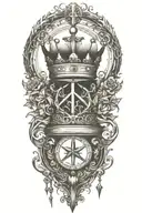 alchemy, peace, magic, crown, book, weapons tattoo design idea