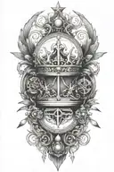 alchemy, peace, magic, crown, book, weapons tattoo design idea
