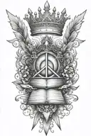 alchemy, peace, magic, crown, book, weapons tattoo design idea