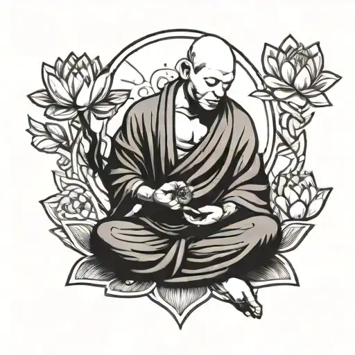 A bald, human monk meditating holding a lotus flower tattoo design idea