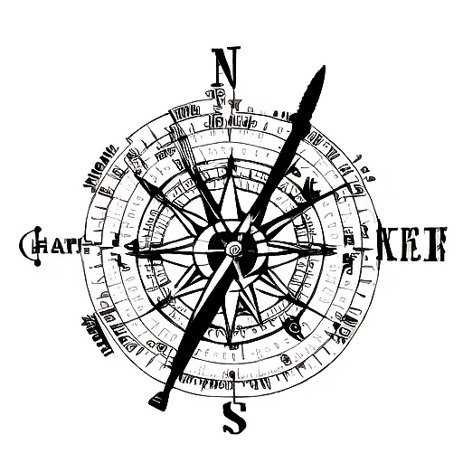 A black and grey tattoo of a chef's knife and a compass intertwined tattoo design idea
