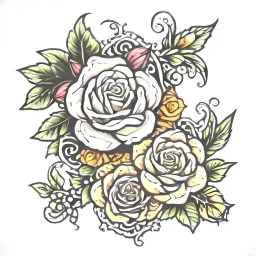 Guadalupe, rosary, roses mayflowers hibiscus tattoo design idea
