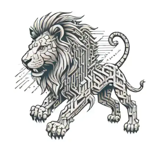 A lion roaring amidst a digital landscape of binary code and electronic components tattoo design idea