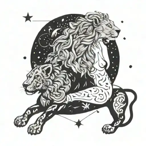 A lady under the Leo zodiac sign surrounded by lioness constellations, symbolizing inner strength and courage tattoo design idea