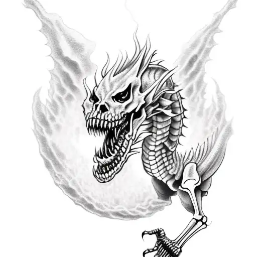 skeleton dragon spitting fire tattoo design idea