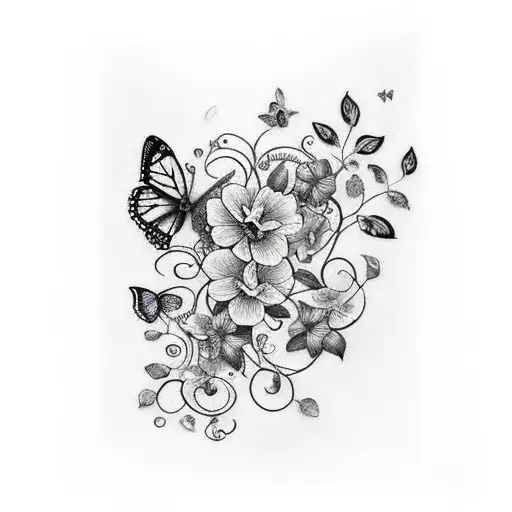 butterflies with vines and flowers back peice  tattoo design idea