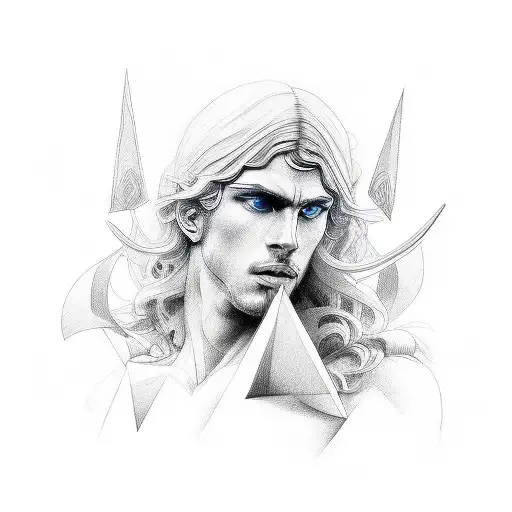 greek god with blue eyes, minimalistic design details and lightins tattoo design idea