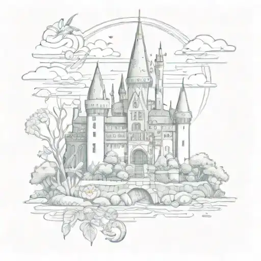 hogwarts castle with the number 11:11 hidden inside a tower with waterlillies and marigolds tattoo design idea