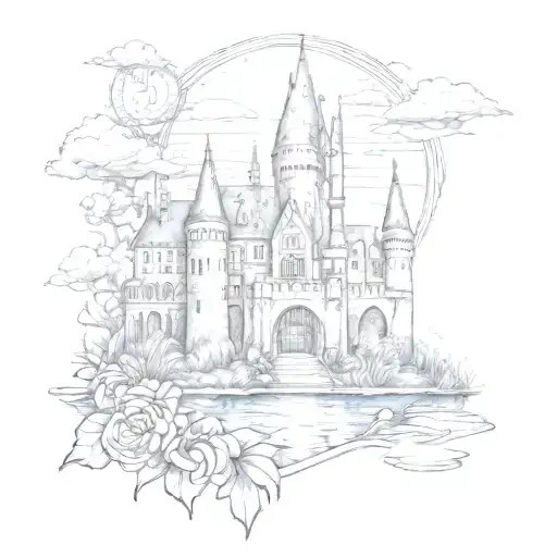 hogwarts castle with the number 11:11 hidden inside a tower with waterlillies and marigolds tattoo design idea