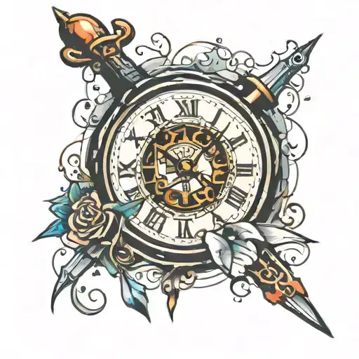 broken clock with dagger through it  tattoo design idea