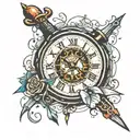 broken clock with dagger through it  tattoo design idea