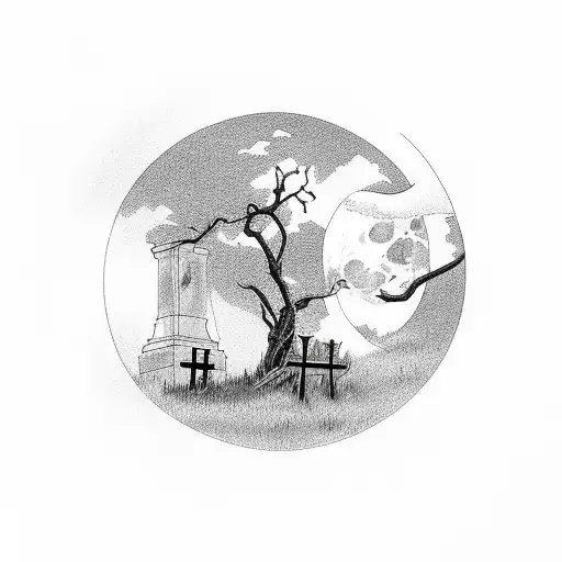 Cemetery and moon tattoo design idea