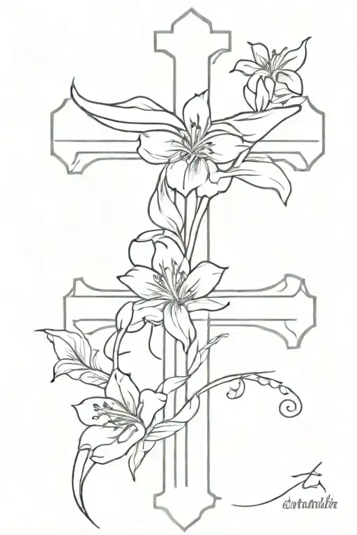 small thin line cross with Saint Martin lily’s and candle larkspur flowers intertwined on the cross.  tattoo design idea