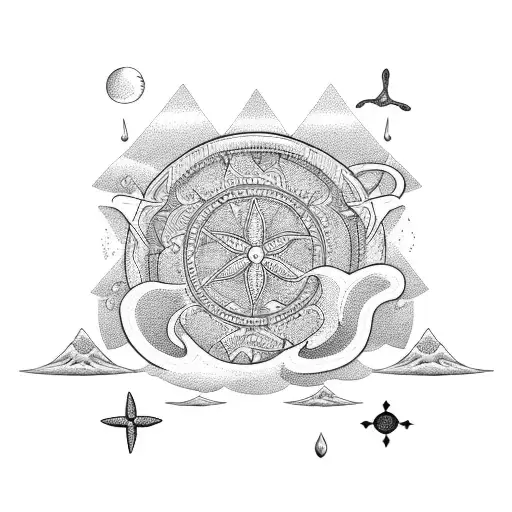 A blackwork tattoo of a mystical beach with astrology symbols hidden in the waves tattoo design idea