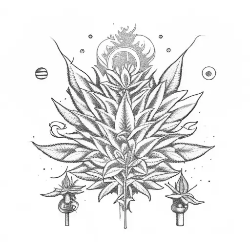 A mystical marijuana plant surrounded by astrological symbols tattoo design idea
