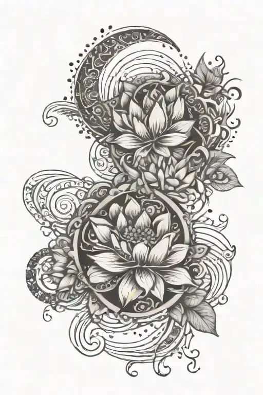 waves entwined with tribal hearts, and sunsetting with tropical lotus and mandala  tattoo design idea