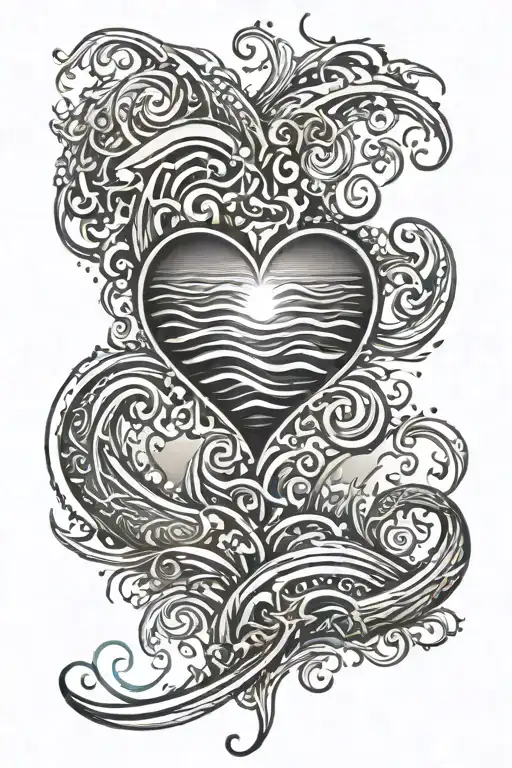 water waves with sun setting and tribal heart shape superimposed over with entangles pattern tattoo design idea