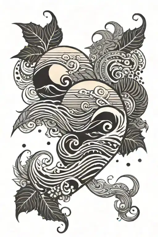 waves entwined with tribal hearts, and sunsetting with tropical vegetation tattoo design idea