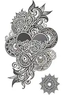 tribal hearts with tangled vines wrapping around a mandala superimposed over waves and sun tattoo design idea