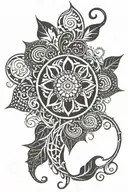 tribal hearts with tangled vines wrapping around a mandala superimposed over waves and sun tattoo design idea