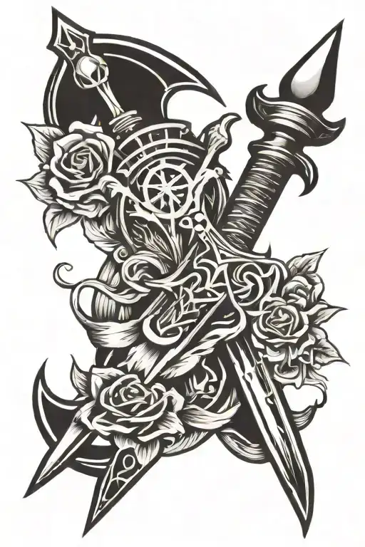 dagger with bad omens intertwined with symbols tattoo design idea