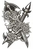dagger with bad omens intertwined with symbols tattoo design idea