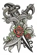 dagger with bad omens intertwined with symbols tattoo design idea