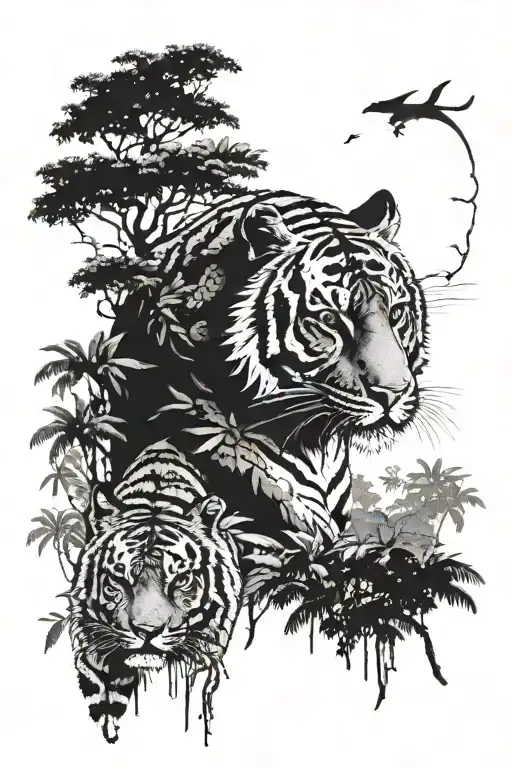 tiger and panther facing each other fiercely in a jungle setting with sky peeking through the canopy tattoo design idea