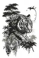 tiger and panther facing each other fiercely in a jungle setting with sky peeking through the canopy tattoo design idea