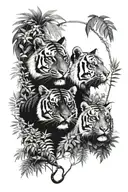tiger and panther facing each other fiercely in a jungle setting with sky peeking through the canopy tattoo design idea