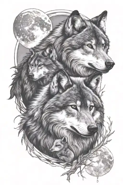 1 male wolf, 1 female wolf, 3 wolf pups and moon tattoo tattoo design idea