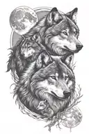 1 male wolf, 1 female wolf, 3 wolf pups and moon tattoo tattoo design idea